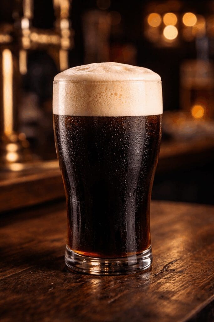Dark stout pint with creamy foam head