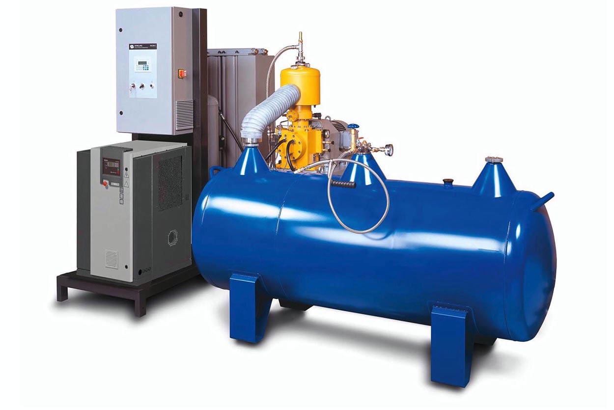 Industrial air compressor with blue storage tank