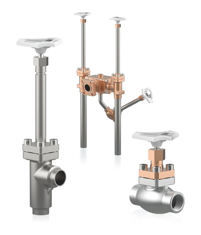 Three stainless steel and bronze industrial valves