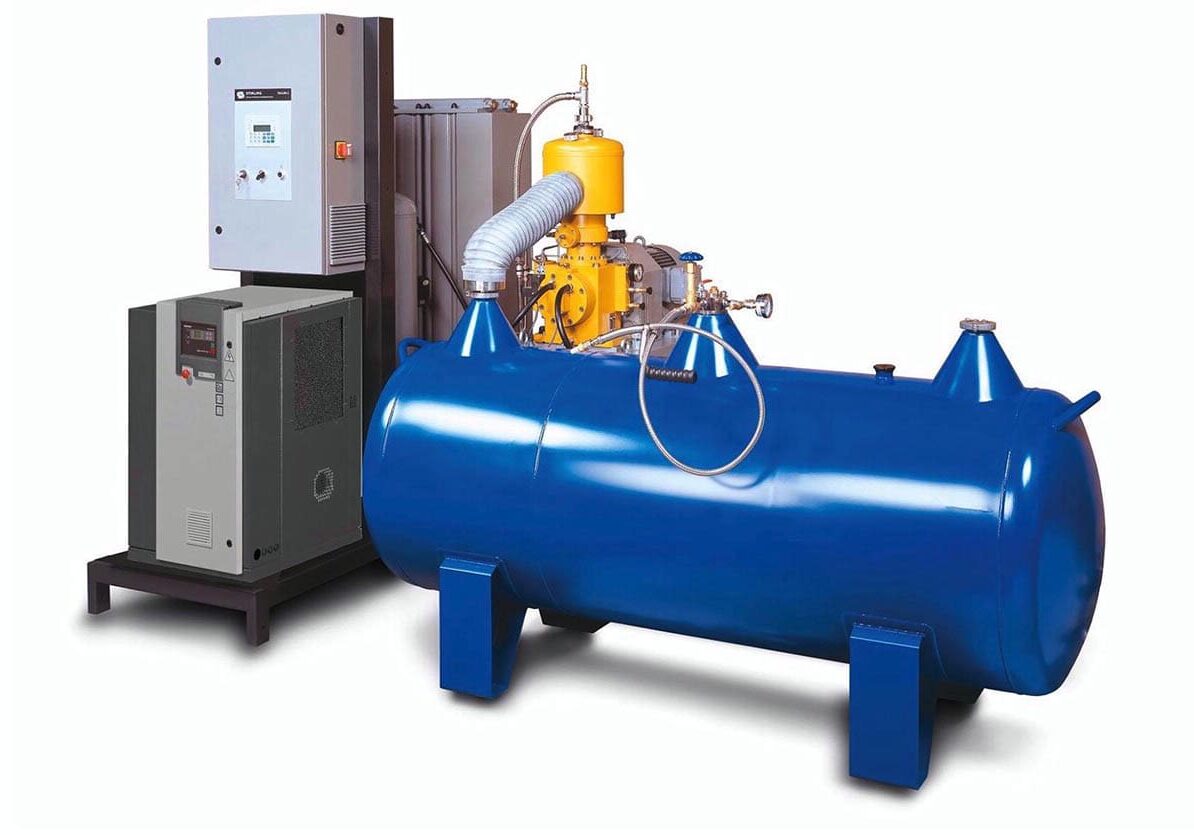 Industrial air compressor with blue storage tank