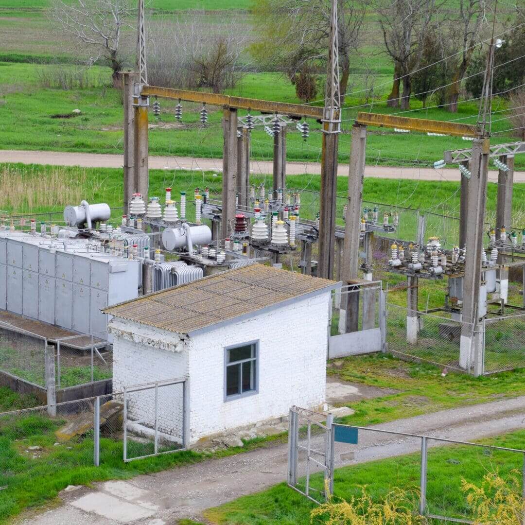 Rural electrical substation with transformer and control building