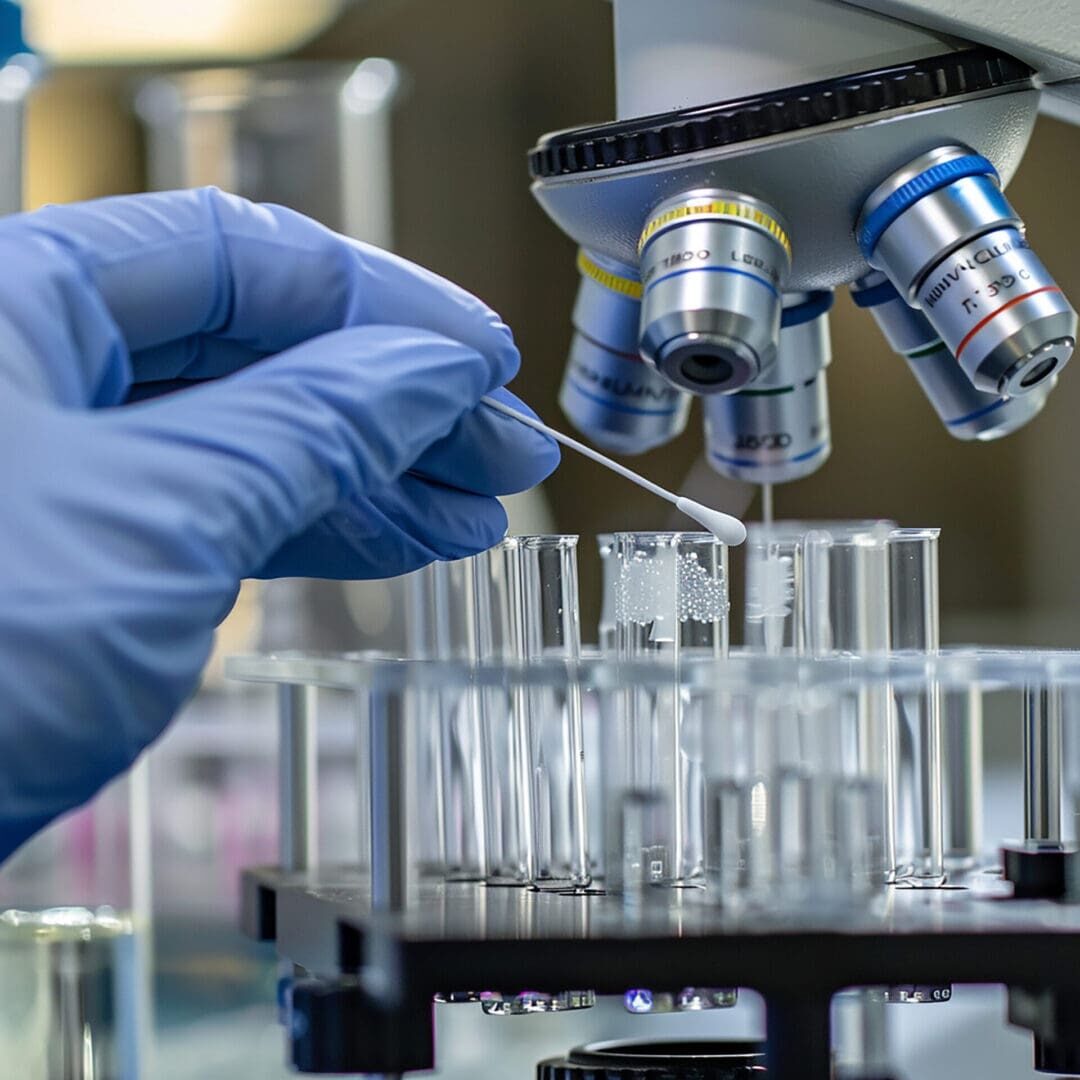 Gloved hand swabbing test tubes under microscope
