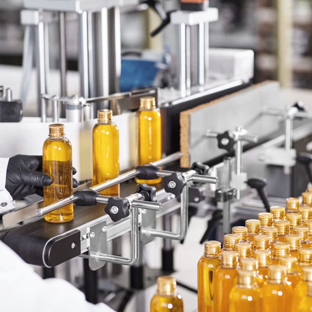 Amber bottles on automated bottling line